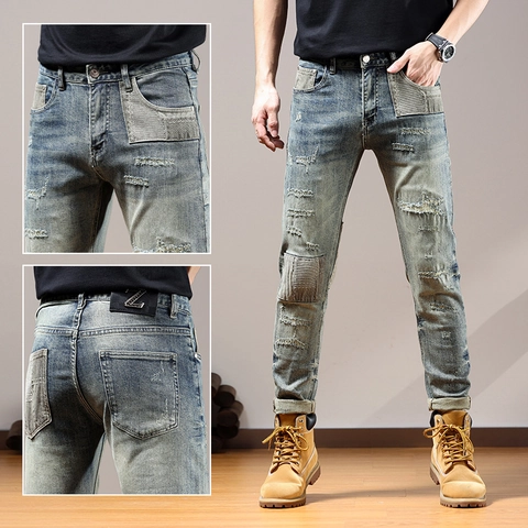 Ανδρικό Τζιν Slim Fit American Vintage Με Σκισίματα Patchwork Denim Μακρύ Παντελόνι Streetwear Casual Καθημερινό