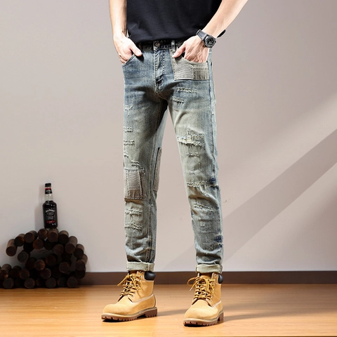Ανδρικό Τζιν Slim Fit American Vintage Με Σκισίματα Patchwork Denim Μακρύ Παντελόνι Streetwear Casual Καθημερινό