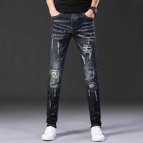 Men Trendy Slim Fit Ripped Jeans With Colorful Paint Splatter And Striped Patches Distressed Straight Washed Denim Pants