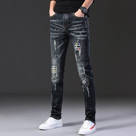 Men Trendy Slim Fit Ripped Jeans With Colorful Paint Splatter And Striped Patches Distressed Straight Washed Denim Pants