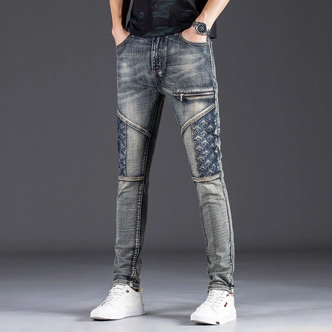 Vaqueros Ajustados Para Hombre De Mezclilla De Algodón Lavado Con Patchwork Bordado Y Cremalleras Decorativas Estilo Streetwear Pantalones