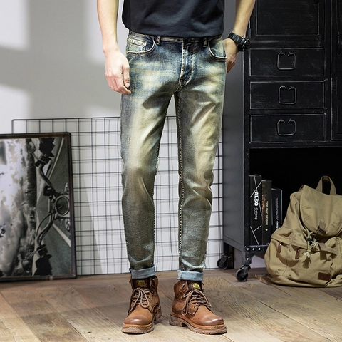 Heren Vintage Retro Washed Denim Jeans Katoenmix Slim Straight Fit Distressed Stretch Denim Broek Voor Lente Herfst Casual Wear