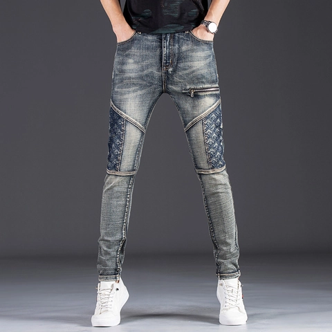 Vaqueros Ajustados Para Hombre De Mezclilla De Algodón Lavado Con Patchwork Bordado Y Cremalleras Decorativas Estilo Streetwear Pantalones