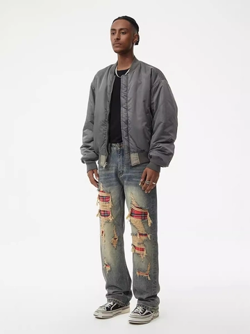 Herren American Retro Jeans Zerrissen Schottenmuster Flicken Distressed Gewaschen Gerade Denim Hose Streetwear Casual