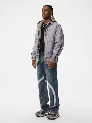Jeans da Uomo Streetwear a Gamba Dritta in Denim di Cotone 100% Schizzi di Vernice Grafica Retro Vestibilità Comoda Blu
