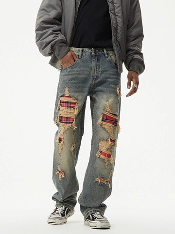 Herren American Retro Jeans Zerrissen Schottenmuster Flicken Distressed Gewaschen Gerade Denim Hose Streetwear Casual