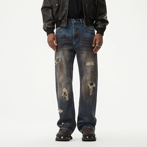 Jean Droit Déchiré Vintage pour Hommes en Mélange de Coton Pantalon en Denim Style High Street Streetwear Décontracté