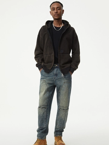 Men Vintage Distressed Loose Jeans Cotton Blend Washed Cargo Denim Pants With Quilted Knee Patches Streetwear Trousers