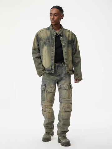 Herren American Vintage Schweres Denim Locker Gerade Mehrere Taschen Cargohose Distressed Dirty Wash Streetwear Jeans