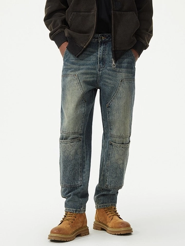 Men Vintage Distressed Loose Jeans Cotton Blend Washed Cargo Denim Pants With Quilted Knee Patches Streetwear Trousers