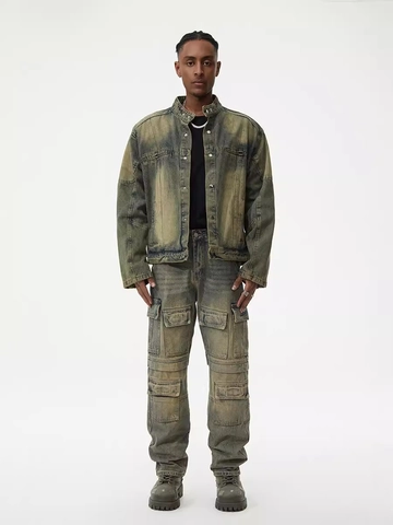 Herren American Vintage Schweres Denim Locker Gerade Mehrere Taschen Cargohose Distressed Dirty Wash Streetwear Jeans