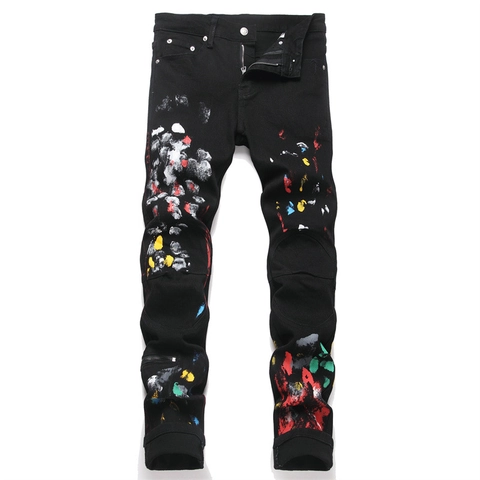 Vaqueros Rasgados de Estilo Urbano Hombre Denim Salpicaduras Pintura Ajustados Talle Medio Graffiti Pantalones Hombre