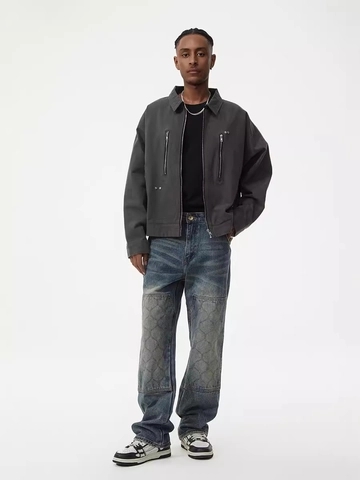 Herren American Vintage Streetwear Jeans Retro Washed Blue Denim Hose Gerade Bein Patchwork Gesteppte Flicken Baumwollmischung Jeans
