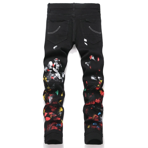 Vaqueros Rasgados de Estilo Urbano Hombre Denim Salpicaduras Pintura Ajustados Talle Medio Graffiti Pantalones Hombre