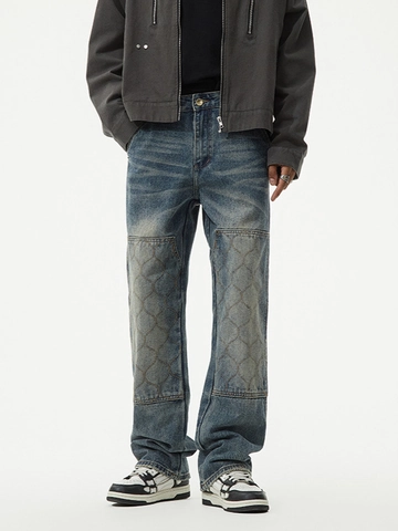 Herren American Vintage Streetwear Jeans Retro Washed Blue Denim Hose Gerade Bein Patchwork Gesteppte Flicken Baumwollmischung Jeans
