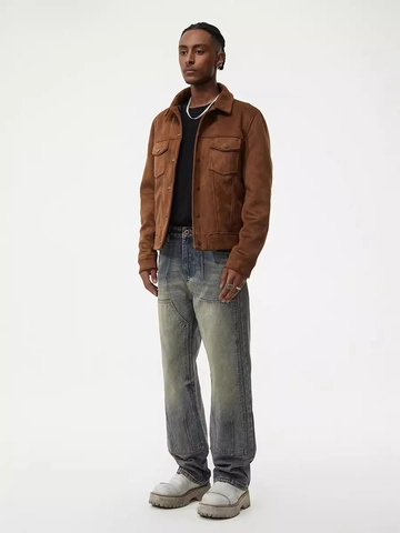 Herren American Retro Washed Straight Leg Jeans Baggy Double Knee Patchwork Denim Hose Vintage Streetwear Baumwollhose