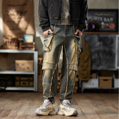 Jeans Cargo American Vintage Lavati da Uomo Multitasca Pantaloni in Denim Dritti Ampi Con Dettagli Cuciture a Bordo Vivo
