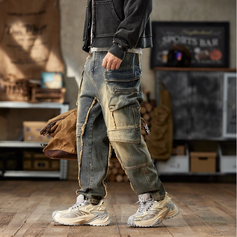 Jeans Cargo American Vintage Lavati da Uomo Multitasca Pantaloni in Denim Dritti Ampi Con Dettagli Cuciture a Bordo Vivo