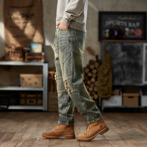 Mens Ripped Distressed Jeans American Vintage Cotton Polyester Blend Denim Heavy Washed Loose Fit Straight Leg Pants