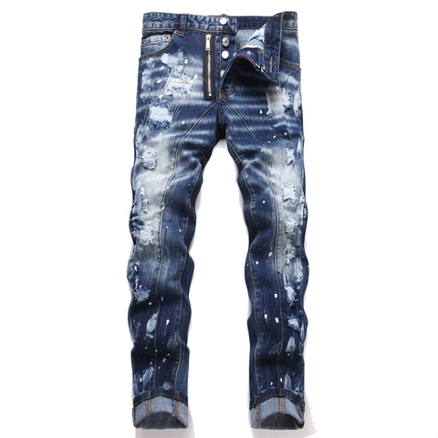 Herren Distressed Ripped Punk Streetwear Jeans Slim Fit Paint Splatter Denim Hose Gewaschene Baumwollhose Für Männer Fashion