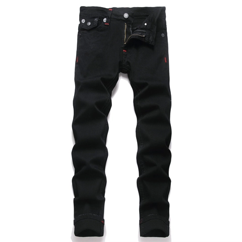 Herren Straight Leg Schwarze Denim Jeans Rote Kontrastnähte Hufeisen Bestickte Taschen Streetwear Punk Stil Lange Hose