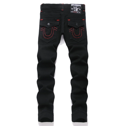 Herren Straight Leg Schwarze Denim Jeans Rote Kontrastnähte Hufeisen Bestickte Taschen Streetwear Punk Stil Lange Hose