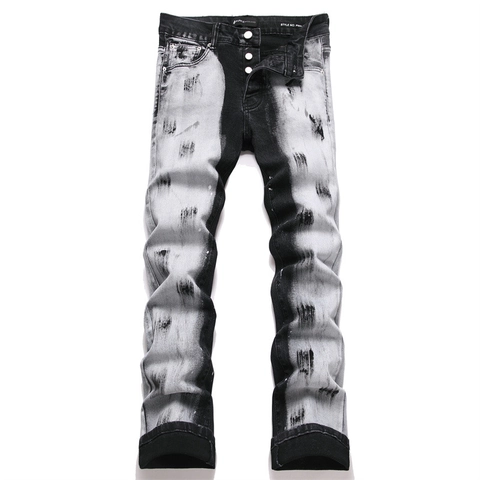 Jeans a Zampa da Uomo Slim Fit Streetwear Gradiente Bianco e Nero Schizzi di Vernice Lavaggio Usurato Pantaloni Denim Vita Media