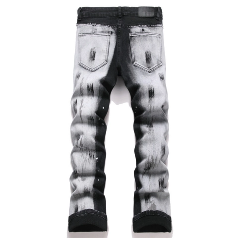 Jeans a Zampa da Uomo Slim Fit Streetwear Gradiente Bianco e Nero Schizzi di Vernice Lavaggio Usurato Pantaloni Denim Vita Media