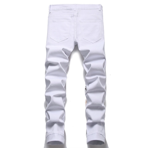 Herren Streetwear Weiße Zerrissene Denim Jeans Slim Fit Distressed Bestickte Aufnäher Hip Hop Mittlere Taille Bleistifthose