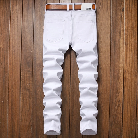 Herren Weiß Slim Fit Bestickt Jeans Mit Braunem Gürtel Streetwear Rose Buchstaben Muster Denim Hose Lässig Baumwolle