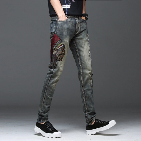 Men's Streetwear Slim Fit Jeans With Indian Chief Embroidery Distressed Ripped Washed Cotton Blend Denim Pants For Casual