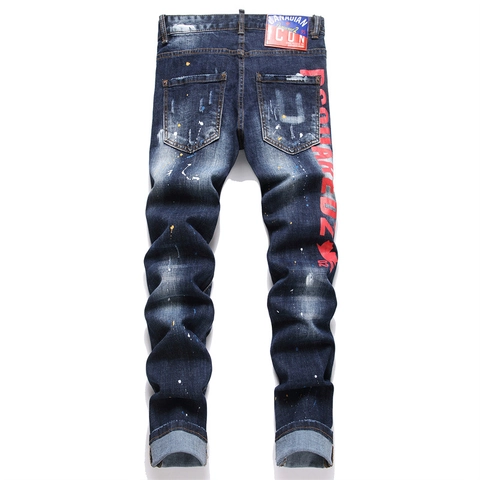 Jean Slim Fit Homme Style Punk Avec Taches de Peinture et Détails Déchirés Pantalon en Denim de Coton Décontracté Streetwear