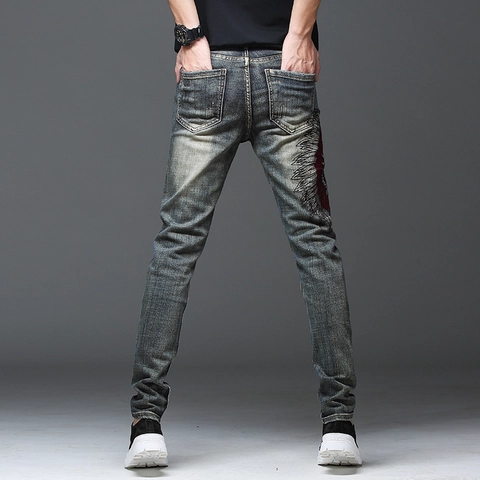 Men's Streetwear Slim Fit Jeans With Indian Chief Embroidery Distressed Ripped Washed Cotton Blend Denim Pants For Casual