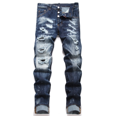 Herren Punk Distressed Slim Fit Denim Jeans Aus Baumwolle Mit Rissen Und Farbspritzern Vintage Waschung Blau Knopfverschluss Hose