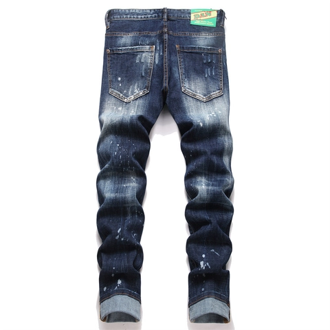 Herren Punk Distressed Slim Fit Denim Jeans Aus Baumwolle Mit Rissen Und Farbspritzern Vintage Waschung Blau Knopfverschluss Hose