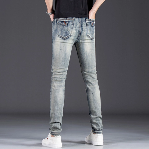 Ανδρικά Slim Fit Patchwork Τζιν Με Διακοσμητικά Μεταλλικά Φερμουάρ Ξεβαμμένο Indigo Βαμβακερό Ελαστικό Streetwear Casual Μακρύ Παντελόνι