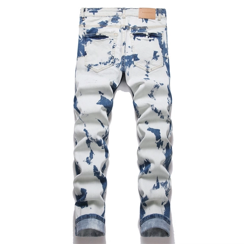 Jeans Streetwear Homme Coupe Slim Délavage à l'acide Marbre Tie-Dye Bleu Blanc Denim Stretch Coton Lycra Pantalon