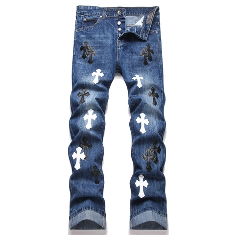 Jeans da Uomo Punk Streetwear Blu Lavato Denim Pantaloni Con Toppe a Croce in Pelle Slim Fit Gamba Dritta Moda Uomo