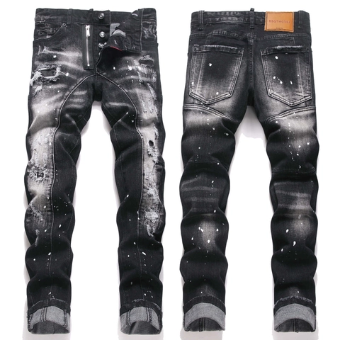 Herren Slim Fit Zerrissene Jeans Baumwolle Denim Patchwork Farbspritzer Hose Streetwear Punk Stil Schwarz Skinny Jeans