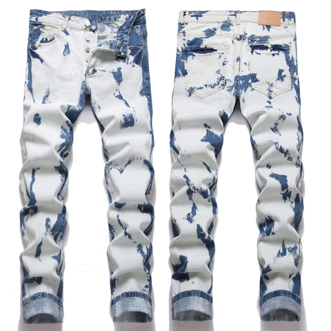 Jeans Denim Skinny da Uomo High Street Lavaggio Acido Blu Bianco Marmo Tie Dye Slim Fit Pantaloni in Misto Cotone