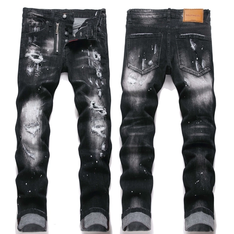 Men's Distressed Ripped Skinny Jeans Cotton Denim Punk Streetwear Washed Black Paint Splatter Slim Fit Pants For Men