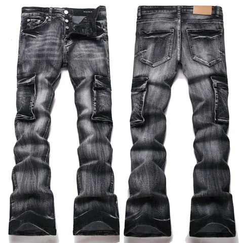 Herren High Street Retro Schwarz Washed Flare Jeans Multi Taschen Baumwollmischung Stretch Slim Fit Cargo Denim Hose