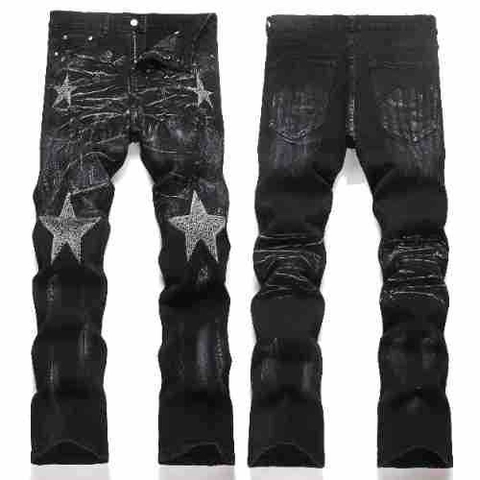 Vaqueros Acampanados High Street Para Hombre Pantalones Denim Negro Lavado Patchwork Estrella Strass Slim Fit Streetwear