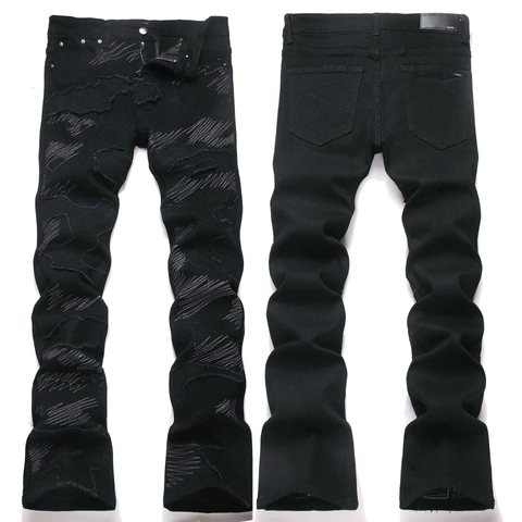 High Street Men's Black Flared Jeans Cotton Distressed Embroidery Slim Fit Denim Pants Punk Style Streetwear Male Trousers