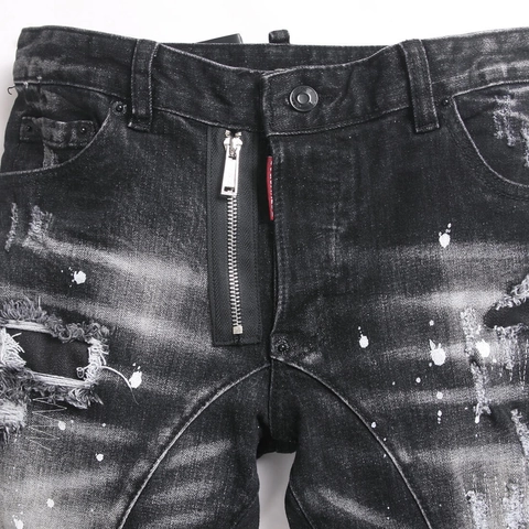 Herren Slim Fit Zerrissene Jeans Baumwolle Denim Patchwork Farbspritzer Hose Streetwear Punk Stil Schwarz Skinny Jeans