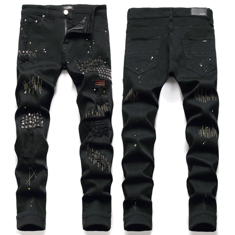 Herren Streetwear Distressed Ripped Skinny Jeans Schwarze Denim Hose Metallnieten Farbspritzer Stickerei Slim Fit Casual Hose