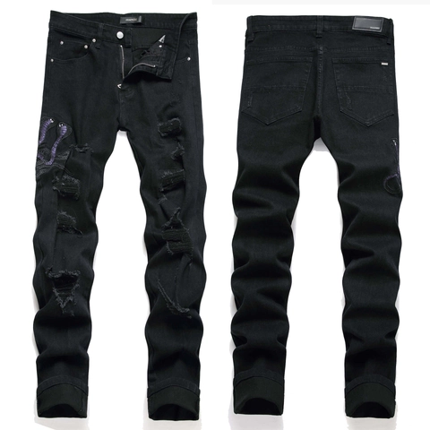 Herren Slim Fit Ripped Jeans Kobra Schlange Bestickung Distressed Schwarz Baumwollmischung Denim Skinny High Street Fashion Hose