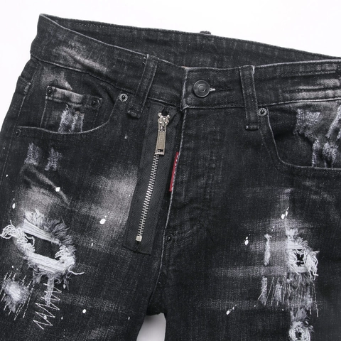 Men's Distressed Ripped Skinny Jeans Cotton Denim Punk Streetwear Washed Black Paint Splatter Slim Fit Pants For Men
