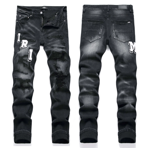 Vaqueros Ajustados de Denim Rotos Streetwear para Hombre Con Parches Bordados de Letras Pantaloni Skinny Negros Lavados