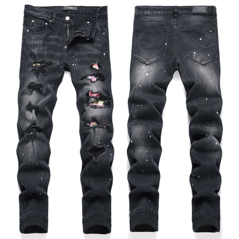 Ανδρικό Τζιν Skinny High Street Μαύρο Ελαστικό Denim Σκισμένο με Μπαλώματα Στρας και Πιτσιλιές Μπογιάς Hip Hop Punk Παντελόνι